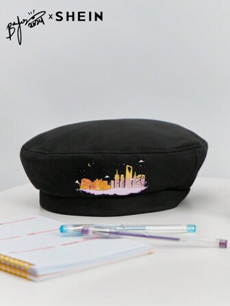 SHEIN SHEIN X Arab Artists 1pc Women's Cute, Basics Illustrator Collaboration Printed Cloud Castle Beret, Suitable For Casual Wear