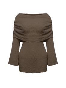 INAWLY 女士露肩长袖纯色休闲优雅针织毛衣连衣裙 - 棕色 - 查看 2