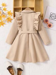 SHEIN Young Girl Solid Color Lapel Flounce Casual Long Trench Coat,In Fall/Winter - Khaki - View 2
