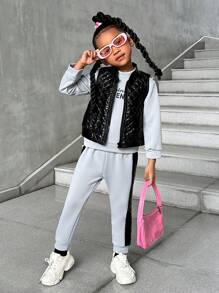 SHEIN 3 件套少女字母印花圆领运动衫 + 灰色运动裤 + 黑色拉链背心休闲套装，秋冬 - 灰色 - 查看 8