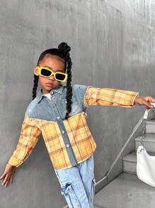 SHEIN Explorewe Young Girls Long Sleeve Plaid Patchwork Distressed Denim Loose Fit Pockets Button Down Casual Shirt - Multicolor - View 9