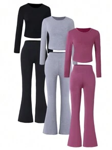 Tween Girls Casual Basic Long Sleeve Top & High Waist Flare Leg Pants Set, Fall/Winter - Multicolor - View 1