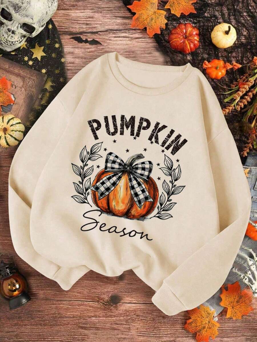 Tween Girl Fall Pumpkin & Letter Print Crewneck Sweatshirt For Halloween - Apricot - View 1