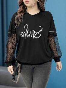 SHEIN LUNE 大码女式字母印花圆领撞色蕾丝长袖休闲运动衫 - 黑色 - 查看 1