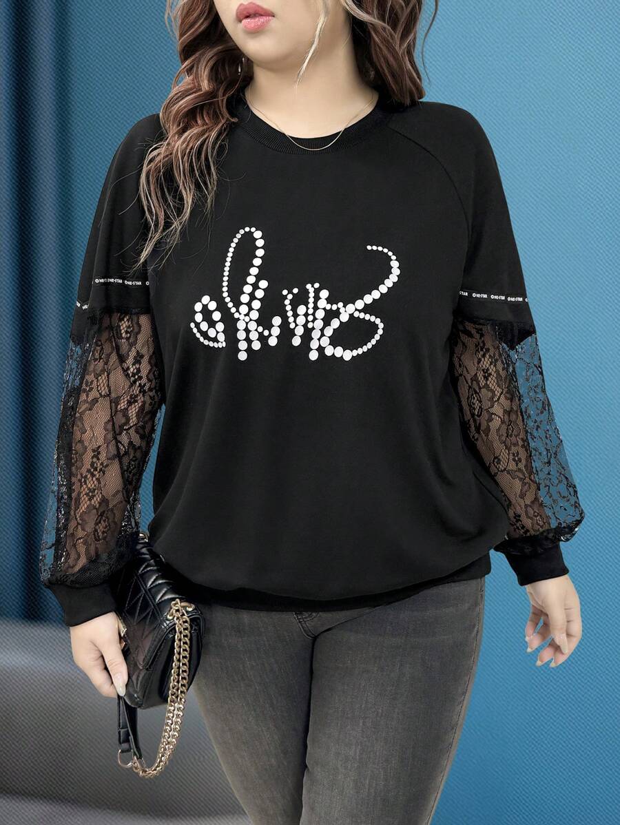 SHEIN LUNE 大码女式字母印花圆领撞色蕾丝长袖休闲运动衫 - 黑色 - 查看 1