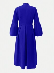 女式立领系带灯笼袖褶皱 A 字连衣裙 - 寶藍色 - 查看 2