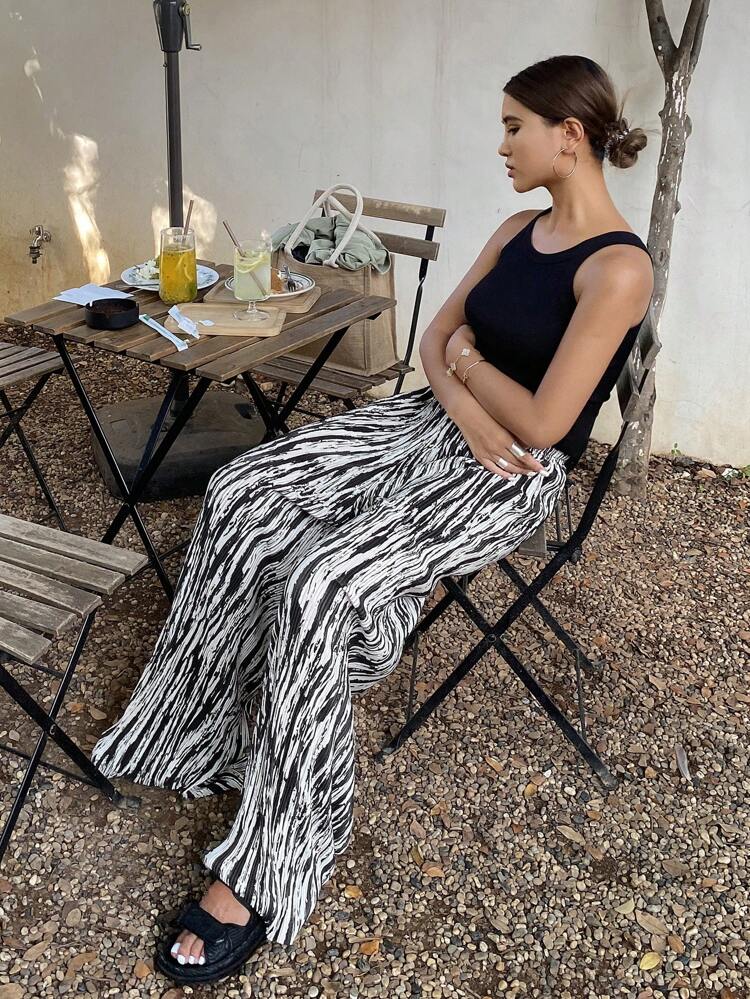 Women's Textured Fabric Zebra Print Straight Leg Elastic Waist Pants Boho,Ruffle