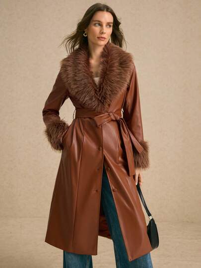 Poéselle Brown Fluffy Collar PU Leather Long Trench Coat,Women's Winter Patchwork Fluffy Collar Long Sleeve Loose Long Jacket,Fall Women Clothes,Winter Women Clothes,Winter Coat,Warm Fashion, Simple And Capable,Old Money Style,Suitable For Daily Street, Commuting And Other Occasions To Wear