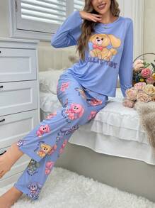 1 conjunto Pijama de mujer con parte superior de manga larga de cuello redondo y pantalones con estampado de perros