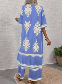 SHEIN LUNE 女士白色背心、全印花夹克和长裤休闲度假 3 件套 - 彩色 - 查看 2