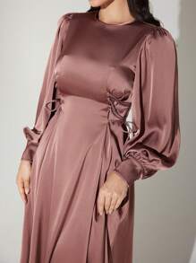 Veilorie 女士栗色长袖优雅连衣裙、正式连衣裙、秋季朴素 - 鏽棕色 - 查看 3