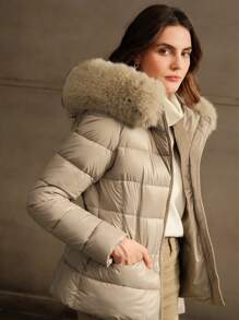 Anewsta Women Hooded Zipper Short Waisted Padded Coat - Khaki - View 3