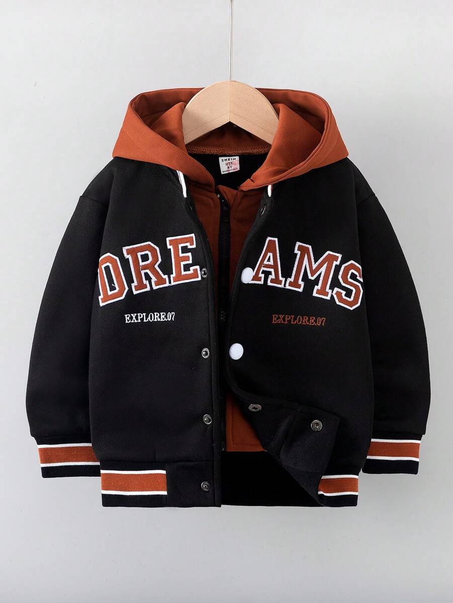 2pcs Young Boys Winter Knitted Fleece Patchwork Hooded Sweatshirt And Ribbed Cuff Jacket (Sold Separately) - Black - View 1