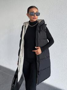 EURMUSE Reversable 2 Side Different Color, Hooded, Two Pocket Long Padded Winter Coat - Black - View 7