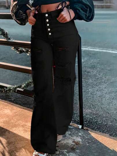 Jeans a vita alta neri con bottoni, stile flare alla moda, adatti per uscite casual