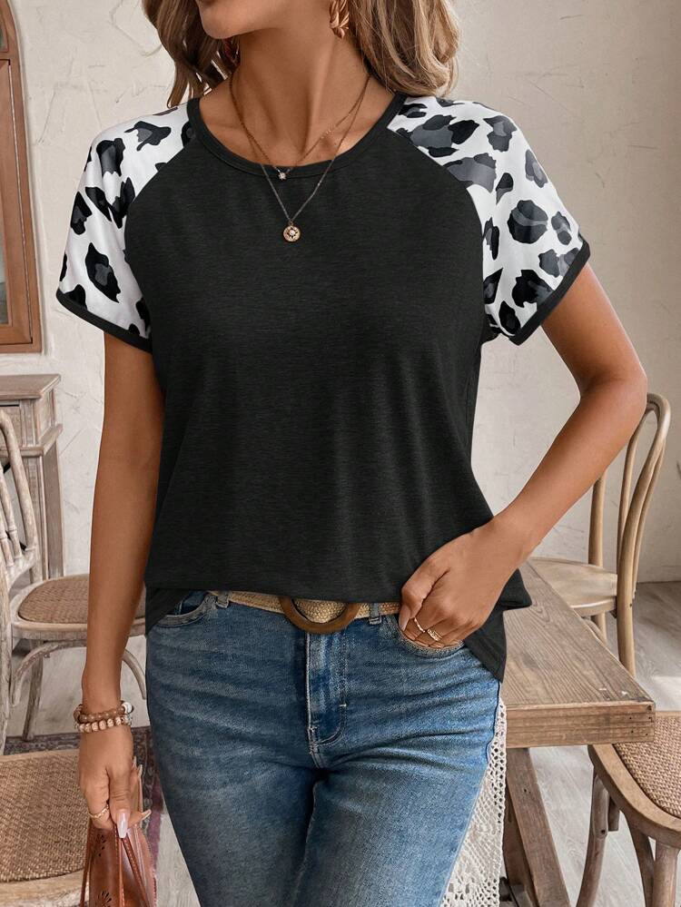Leopard Print Raglan Sleeve Tee For Summer Basic Tees