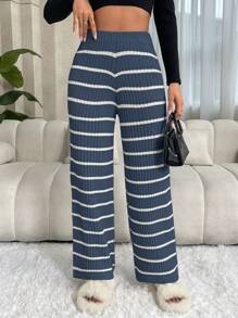 Chiquease Women High Waist Striped Straight Loose Knit Sweater Pants