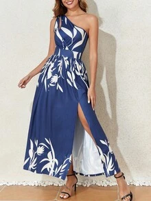 Vestido Largo De Corte Oblicuo Con Hombro Descubierto Y Estampado Floral Con Abertura En El Dobladillo