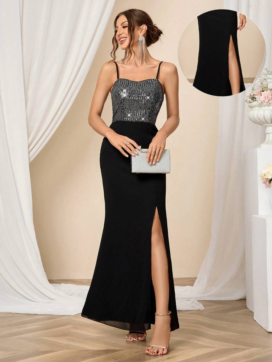SHEIN Belle 女式亮片拼接高开叉细肩带礼服 - 黑色 - 查看 1