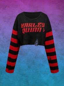 Harley Quinn | ROMWE Letter Pattern Striped Distressed Pullover Sweater For Women - Multicolor - View 1
