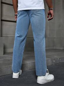 Manfinity Homme Men's Light Blue Denim Casual Straight Leg Jeans - Light Wash - View 2