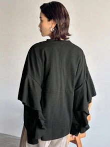 FRIFUL Women Spring Autumn Drop Shoulder Patchwork Ruffle Trim Casual Loose Solid Top Long Sleeve - Black - View 5