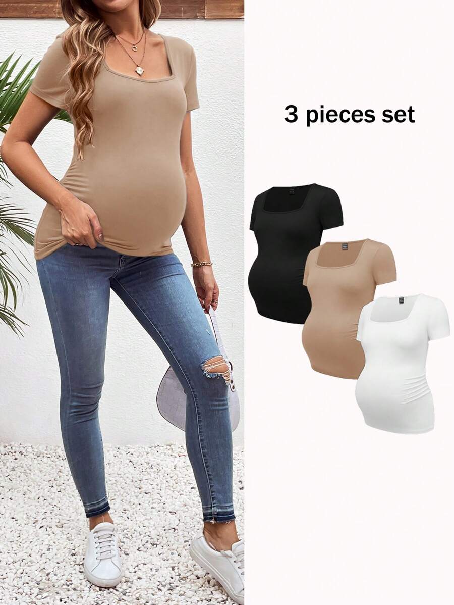 SHEIN 3pcs Maternity Casual Simple Black White & Gray Square Neck Short Sleeve Fitted Pregnancy Tops, Summer
