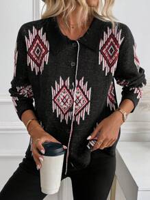 SHEIN LUNE Women's Jacquard Rhombus Pattern Casual Cardigan - Black - View 3