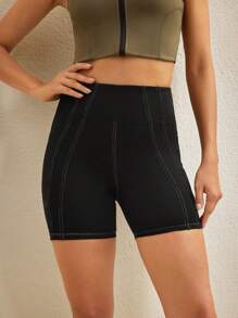 Activina 高腰纯色无缝夏季运动短裤 - 黑色 - 查看 4