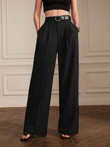 Anewsta Women's Solid Color Pleated Pocket Elegant Minimalist Dress Pants - Black - View 3