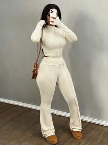 Slaydiva 2pcs Plus Size Women Casual Basic Sport Everyday Solid Color Long Sleeve Cropped Top And Long Flared Pants Set - Apricot - View 4