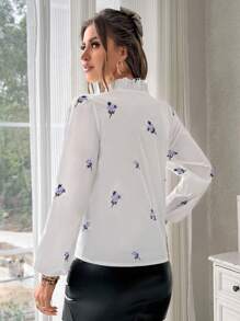 SHEIN Privé 女士春夏印花荷叶边V领灯笼袖优雅衬衫 - 淡紫色 - 查看 2