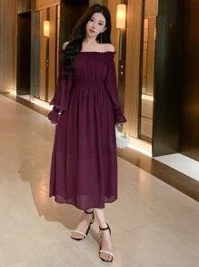 DAZY 女士露肩开衩纯色连衣裙，生日、新年、舞会等场合皆宜，优雅荷叶边设计，秋季长袖连衣裙，红色女士露肩长裙 - 酒紅色 - 查看 3