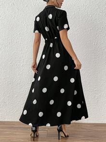 SHEIN Clasi Elegant Polka Dot Print Button Design Dress, Summer - Black and White - View 2
