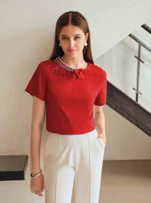 MOTF PREMIUM ÁO THUN TAY NGẮN CHI TIẾT ĐÁ NGỌC TRAI GIẢ CÓ VIỀN LÔNG CHO QUẦN ÁO NĂM MỚI - Đỏ - Xem 3