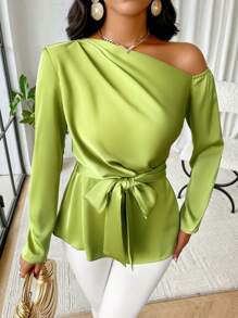Zolique Áo cánh satin cổ bất đối xứng - màu xanh lá - Xem 6