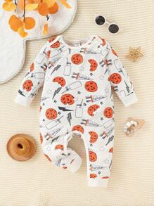Baby Boys Cute Cookie & Milk Graphic Print Patchwork Jumpsuit, Fall/Winter - Multicolor - View 1