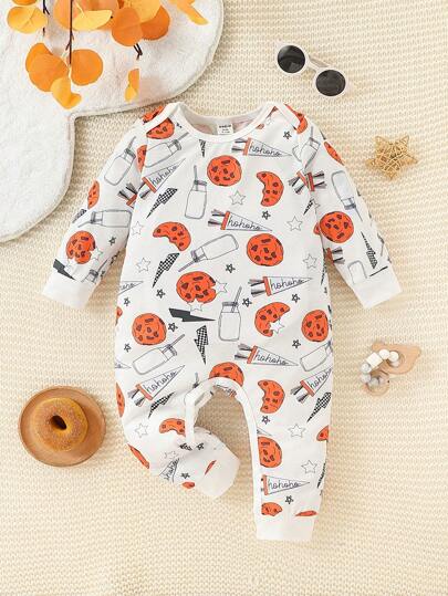 Baby Boys Cute Cookie & Milk Graphic Print Patchwork Jumpsuit, Fall/Winter