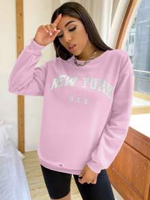 Flirla Women's Casual Letter Print Drop Shoulder Round Neck Sweatshirt, Spring/Autumn