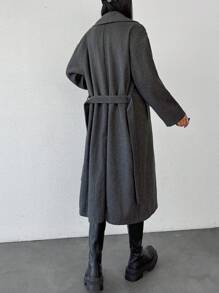 EURMUSE Lapel Neck Oversized Side Pocket Detailed Belted Smart Casual Overcoat - Grey - View 2