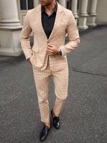 Manfinity Mode Men's Plaid Print Single-Breasted Long Sleeve Suit Jacket And Pocket Trousers 2-Piece Suit Set - Khaki - View 6