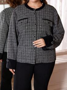 Lacomfia 大码纯色撞色贴片前扣休闲长袖夹克，优雅粗花呢外套，适合晚会/婚礼嘉宾/周年纪念