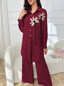 Mulvari Bộ 2 chiếc áo cánh dài tay cài nút họa tiết hoa thời trang xuân/hè cho nữ và quần thường ngày - Đỏ - Xem 3