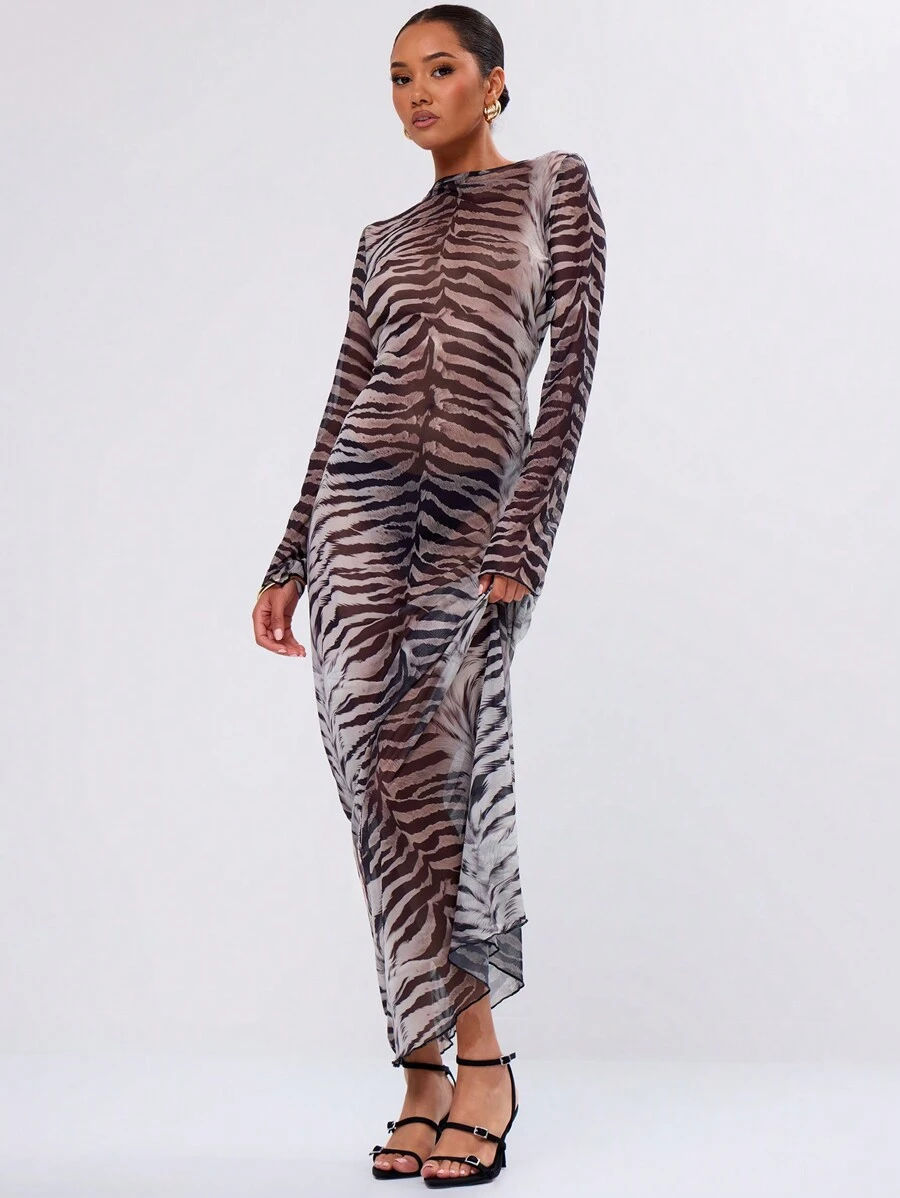 MUSERA 网眼虎纹露背长裙，适合春季派对、外出、夏季度假