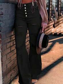 Jeans a vita alta neri con bottoni, stile flare alla moda, adatti per uscite casual