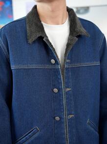 Claim Dot Chaqueta vaquera informal desgastada de tela vaquera oscura con forro térmico para hombre, apta para otoño e invierno, para vacaciones, regalo para el novio - Azul lavado oscuro - Ver 3