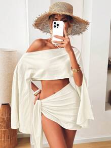 SHEIN VCAY Bộ 2 áo crop top trễ vai màu trơn đơn giản và chân váy viền bất đối xứng cho nữ - Màu be - Xem 2