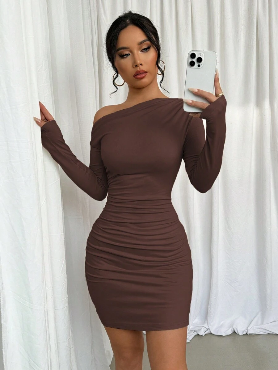 Selianne Long Sleeve Asymmetric Ruched Slim Fit Casual Dress, Spring & Autumn , Brown Fall Cloth For Women - Coffee Brown - View 1