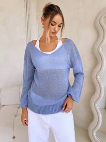 Forever 21 V-Neck Casual Blue Sweater, Spring Autumn - Blue - View 3