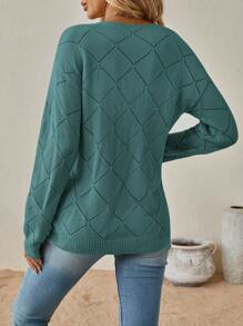 SHEIN Clasi 纯色V领休闲长袖常规毛衣、长袖上衣、秋冬针织毛衣 - 水鴨藍 - 查看 2